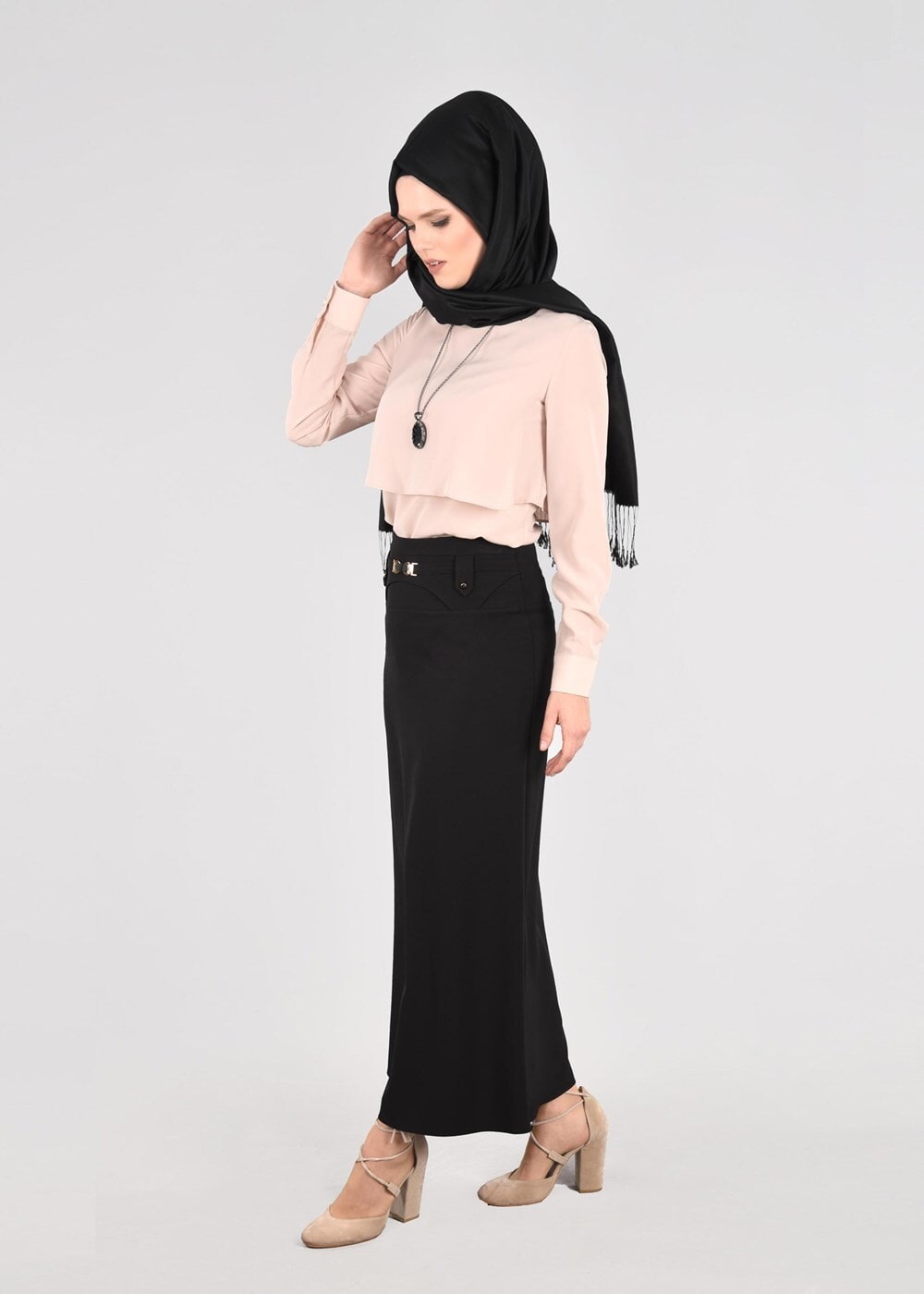 Hijab clothing BLACK T 5214 Işıl Lıfe-Kemer Detaylı Etek