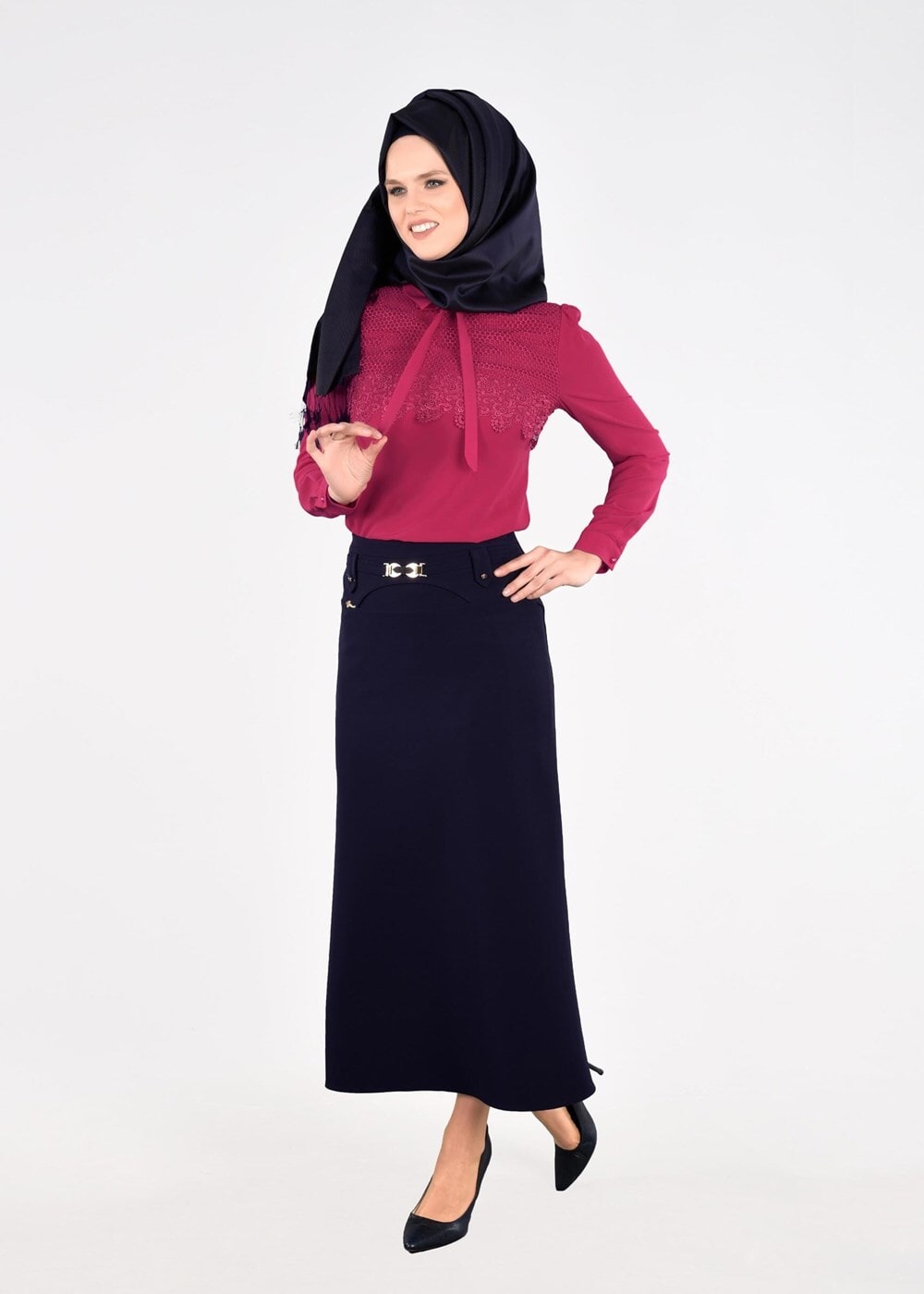 Hijab clothing NAVY BLUE T 5214 Işıl Lıfe-Kemer Detaylı Etek