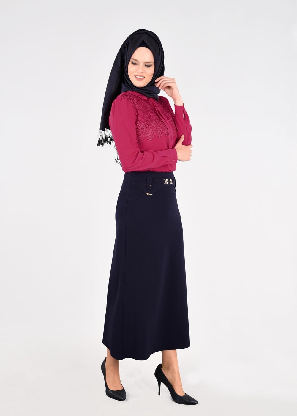 Hijab clothing NAVY BLUE T 5214 Işıl Lıfe-Kemer Detaylı Etek