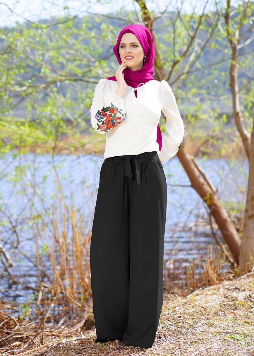 Hijab clothing BLACK T 6001 Işıl Lıfe-Kuşaklı Pantolon Etek
