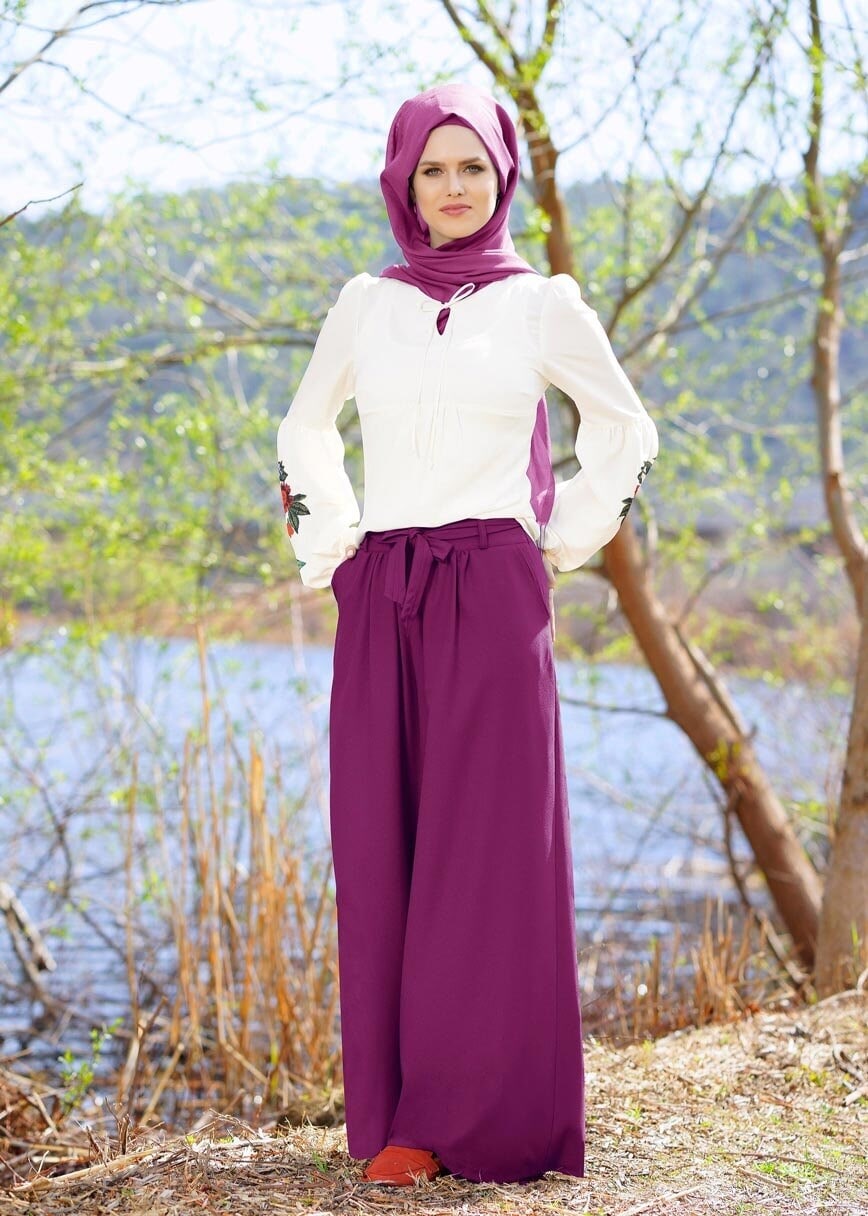 Hijab clothing PURPLE T 6001 Işıl Lıfe-Kuşaklı Pantolon Etek
