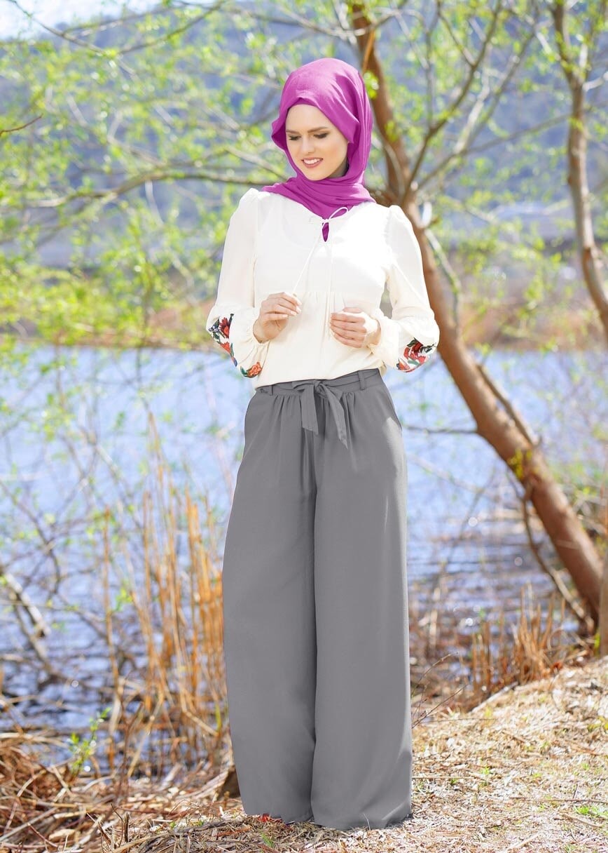 Hijab clothing GREY T 6001 Işıl Lıfe-Kuşaklı Pantolon Etek