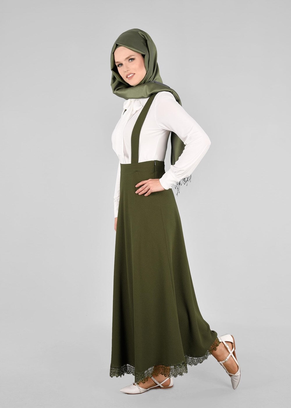 Hijab clothing KHAKI T 7024 Işıl Lıfe-Güpür Detaylı Etek
