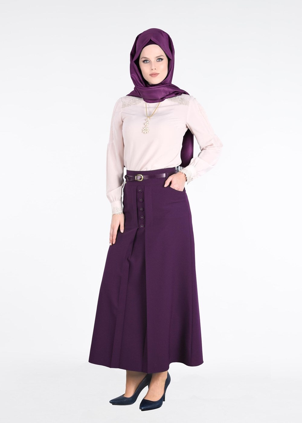 Vêtements hijab POURPRE T 7114 Işıl Lıfe-Düğme Detaylı Etek
