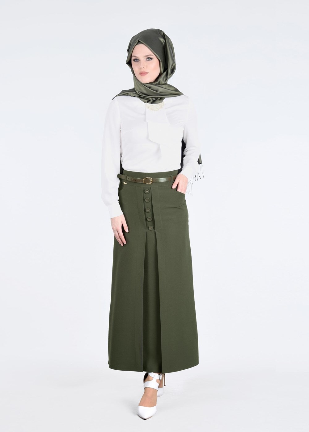 Hijab clothing KHAKI T 7114 Işıl Lıfe-Düğme Detaylı Etek