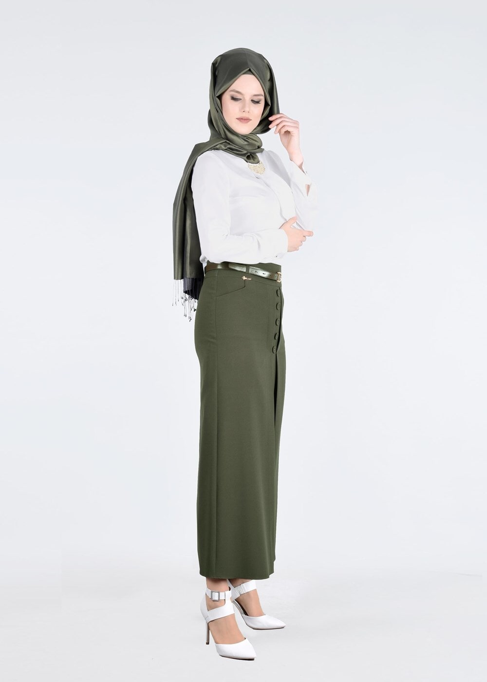 Hijab clothing KHAKI T 7114 Işıl Lıfe-Düğme Detaylı Etek