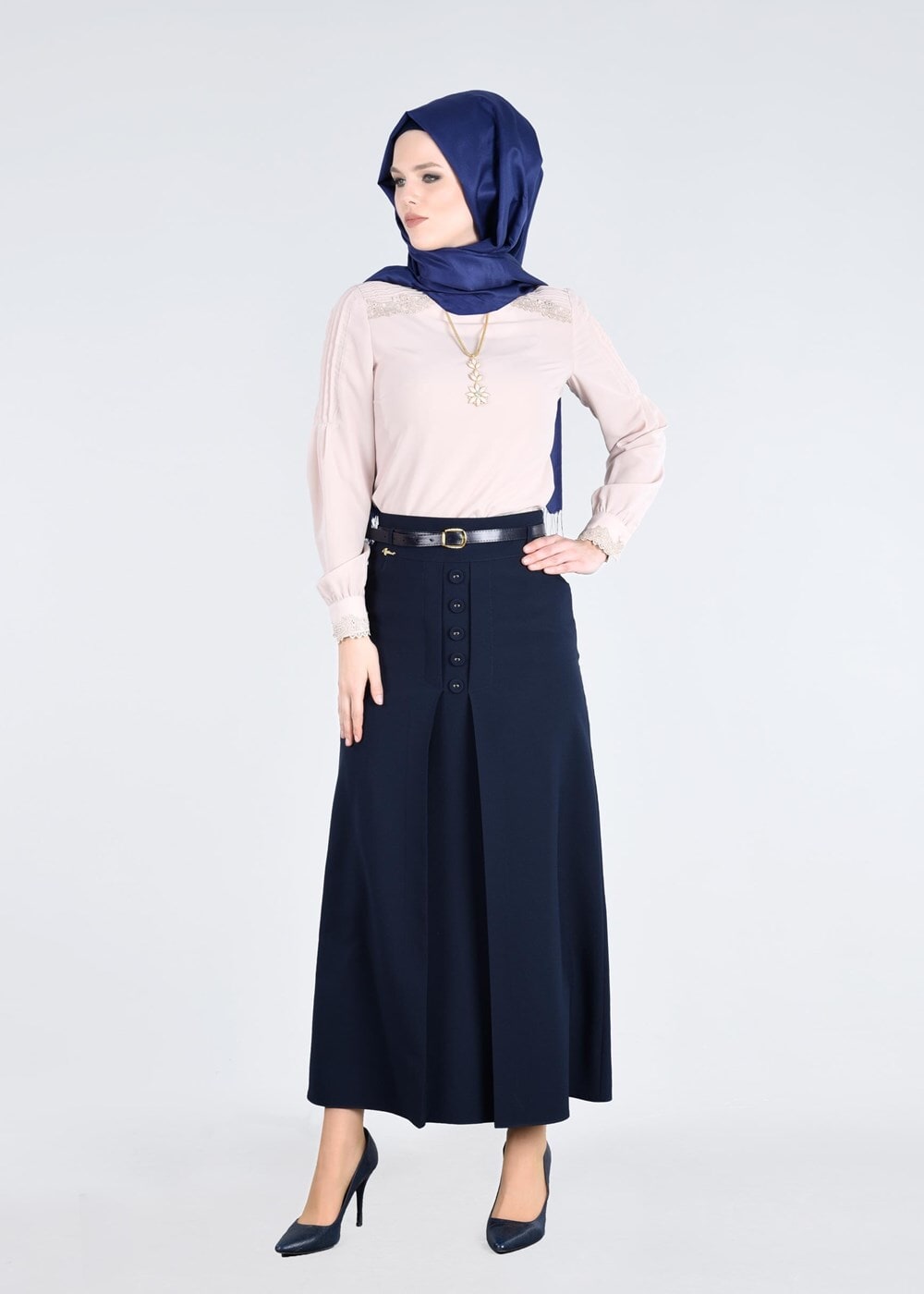 Vêtements hijab BLEU MARINE T 7114 Işıl Lıfe-Düğme Detaylı Etek