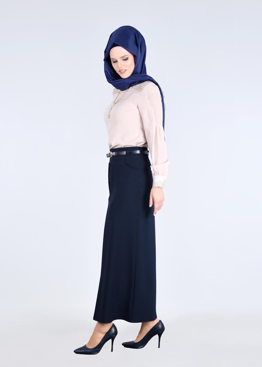 Vêtements hijab BLEU MARINE T 7114 Işıl Lıfe-Düğme Detaylı Etek