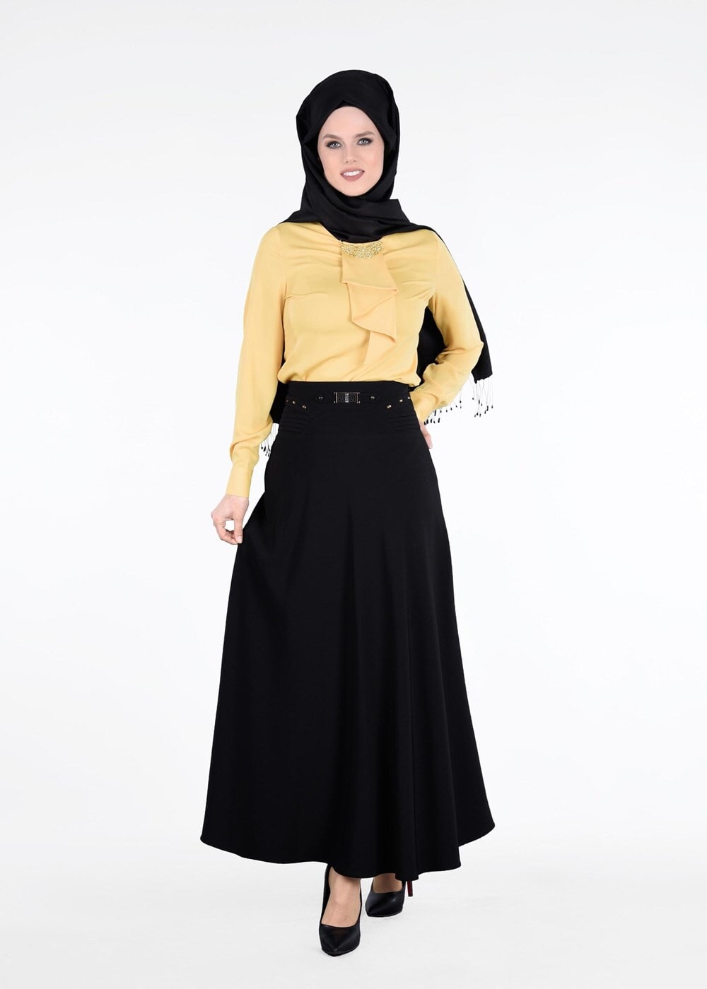 Hijab clothing BLACK T 8014 Işıl Lıfe-Kemerli Etek