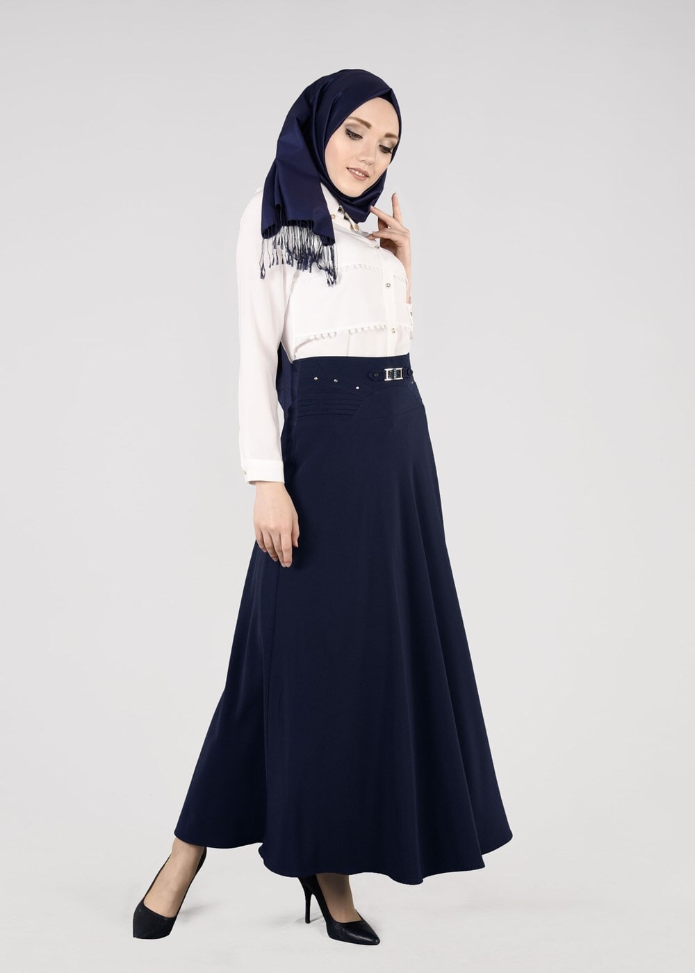 Hijab clothing NAVY BLUE T 8014 Işıl Lıfe-Kemerli Etek