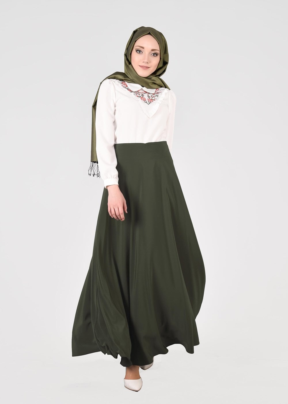Tesettür giyim HAKİ T 8696 Allday-Yüksek Bel Etek