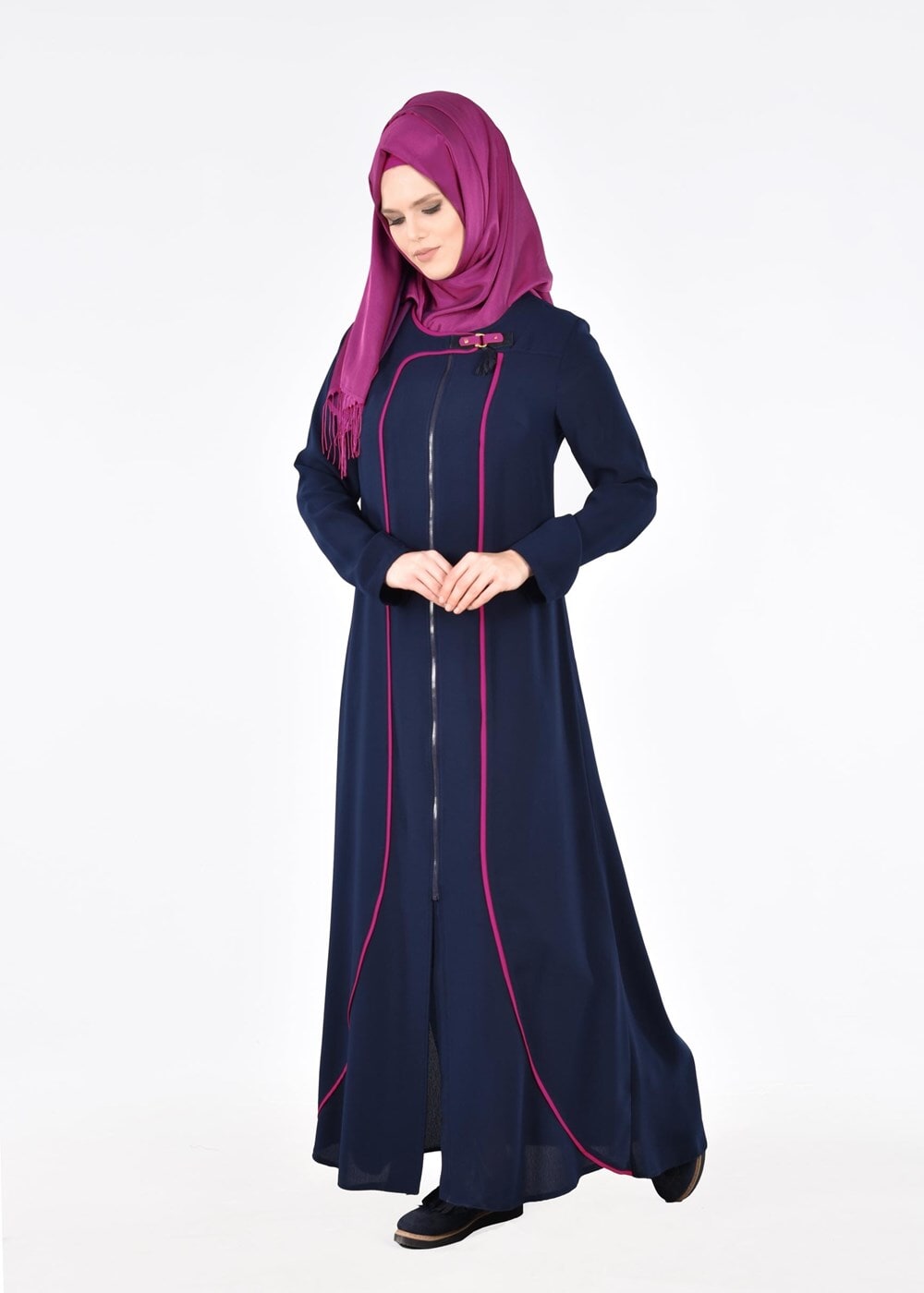 Hijab clothing NAVY BLUE T 8195 Nil Crep Tesettür Ferace-Alv Fashion