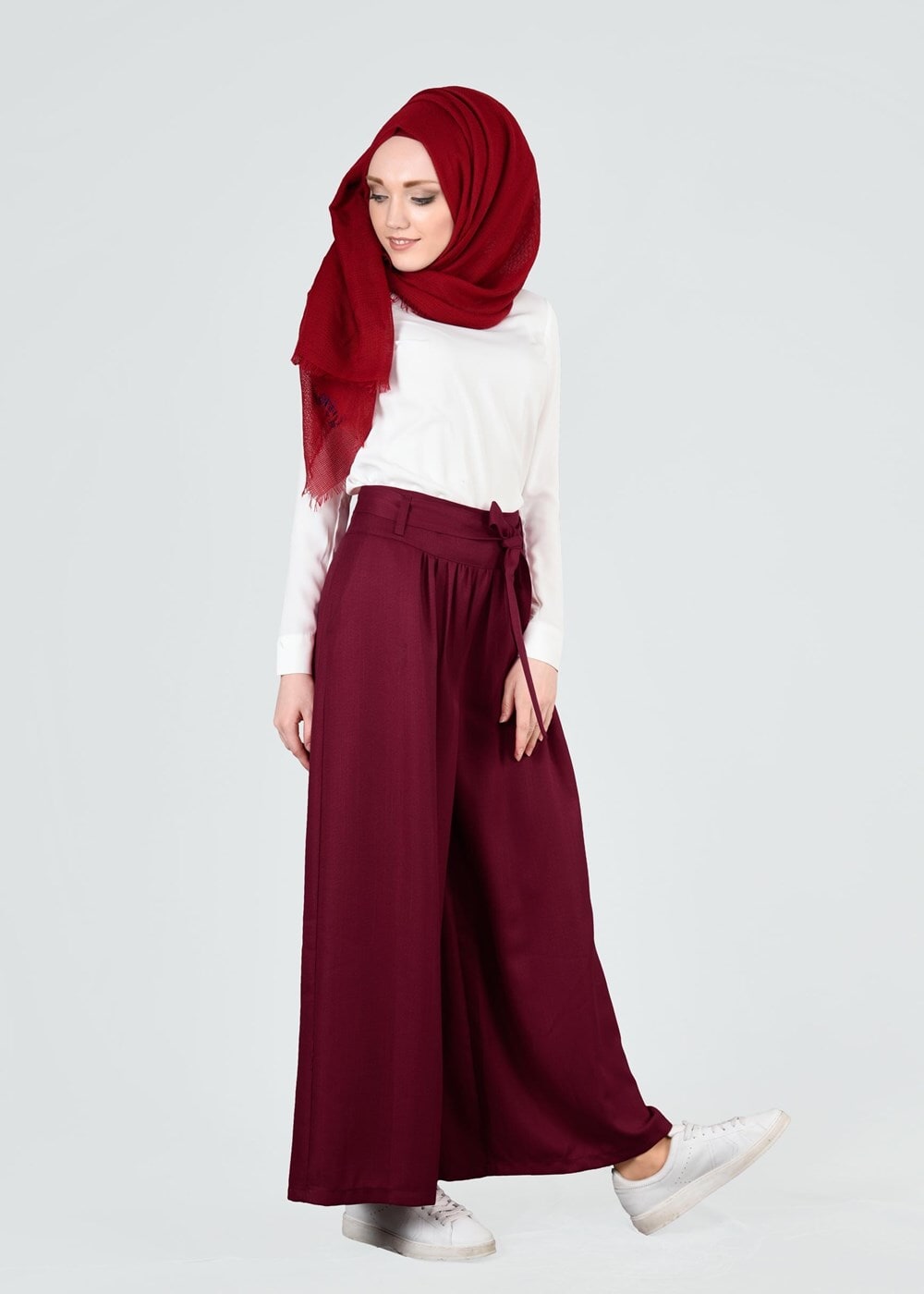 Tesettür giyim BORDO T 0905 ModaBu- Kuşak Detaylı Tesettür Pantolon