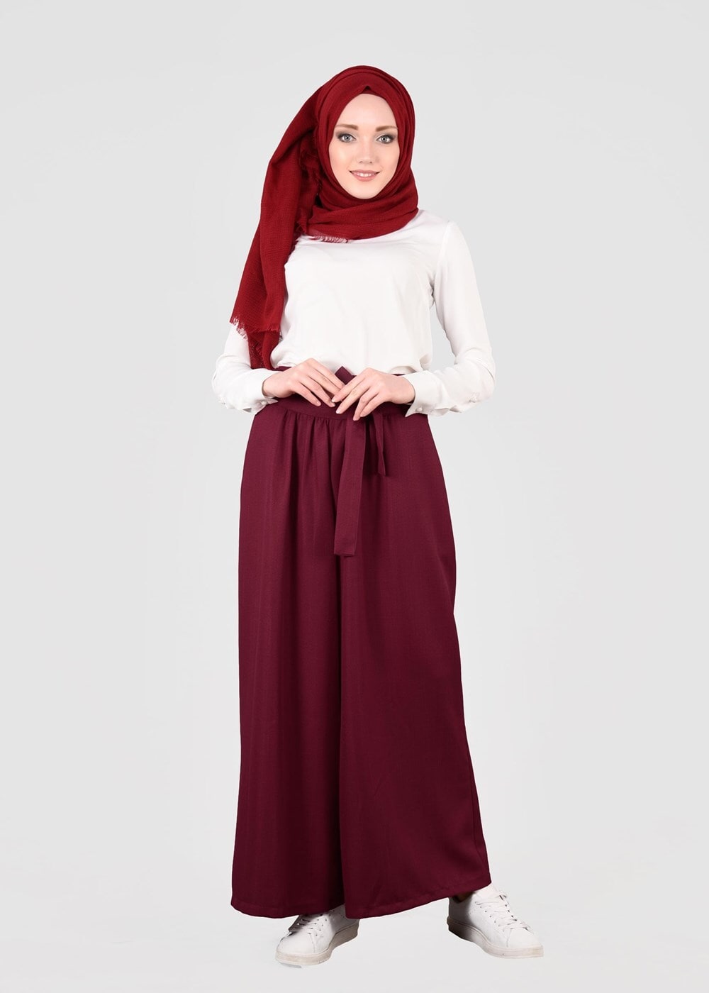 Tesettür giyim BORDO T 0905 ModaBu- Kuşak Detaylı Tesettür Pantolon