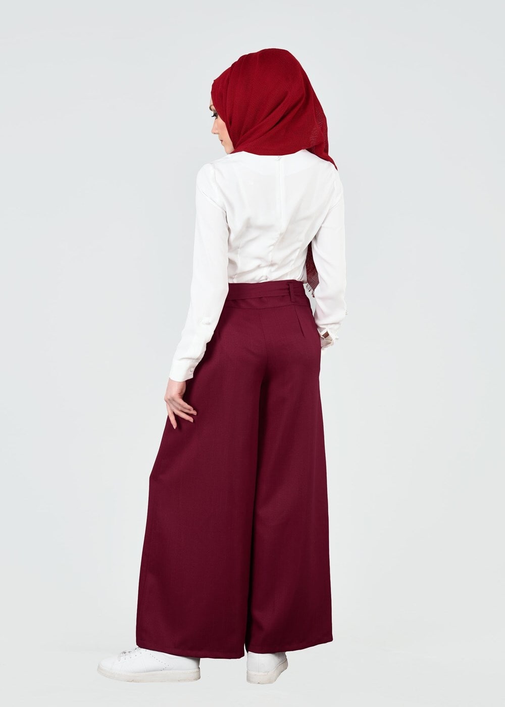 Tesettür giyim BORDO T 0905 ModaBu- Kuşak Detaylı Tesettür Pantolon