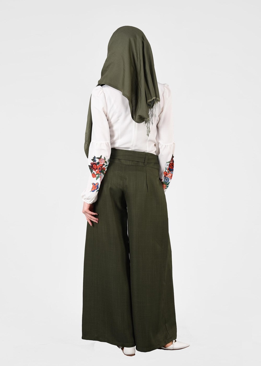 Tesettür giyim HAKİ T 0905 ModaBu- Kuşak Detaylı Tesettür Pantolon