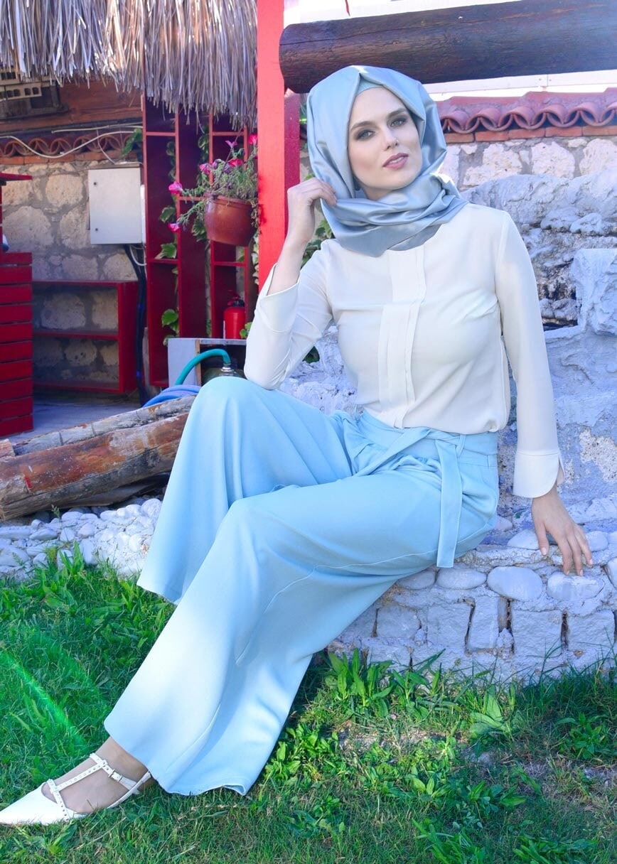 Tesettür giyim MAVİ T 0905 ModaBu- Kuşak Detaylı Tesettür Pantolon