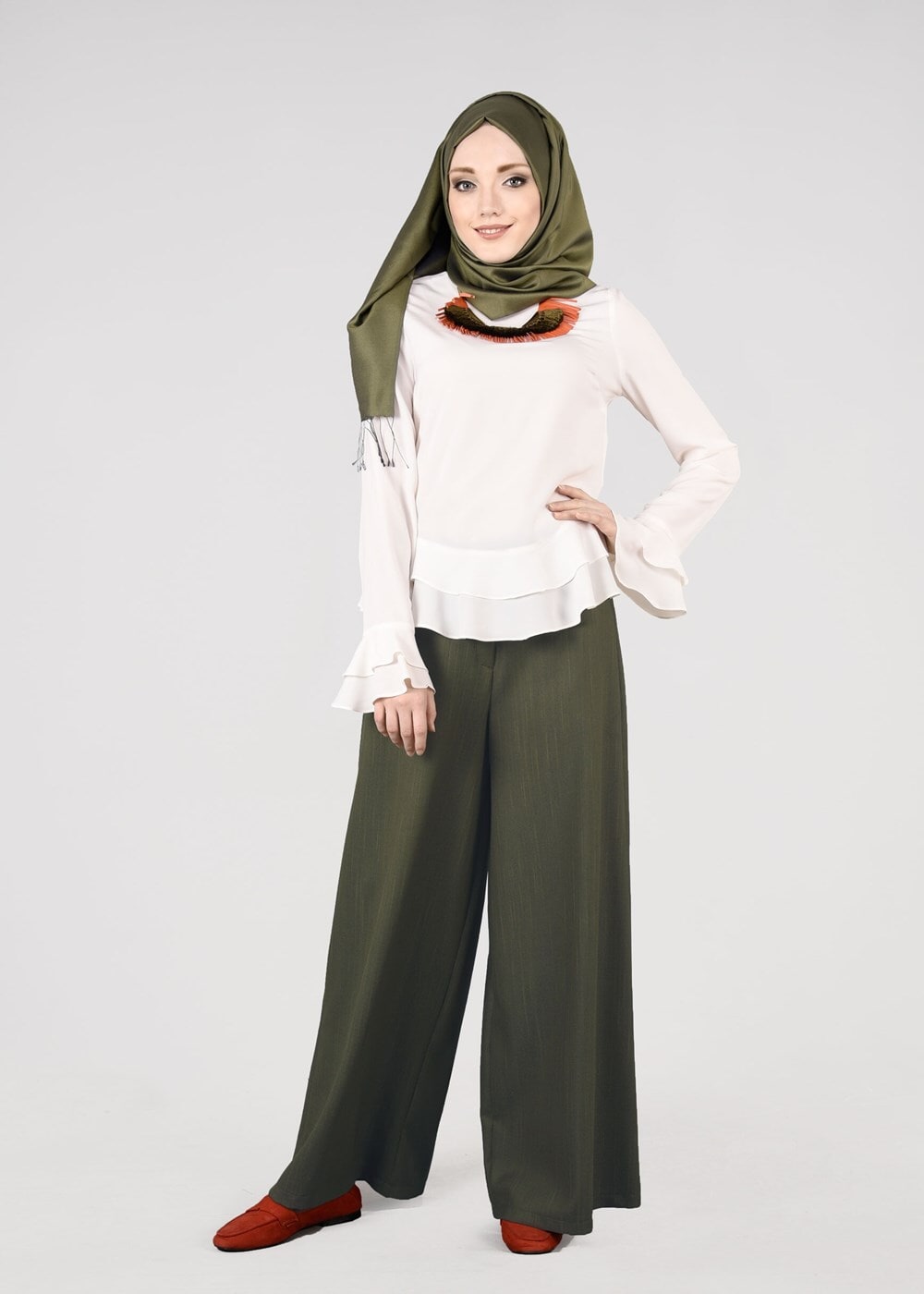 Tesettür giyim HAKİ T 4805 ModaBu- Petek Kumaş Pantolon