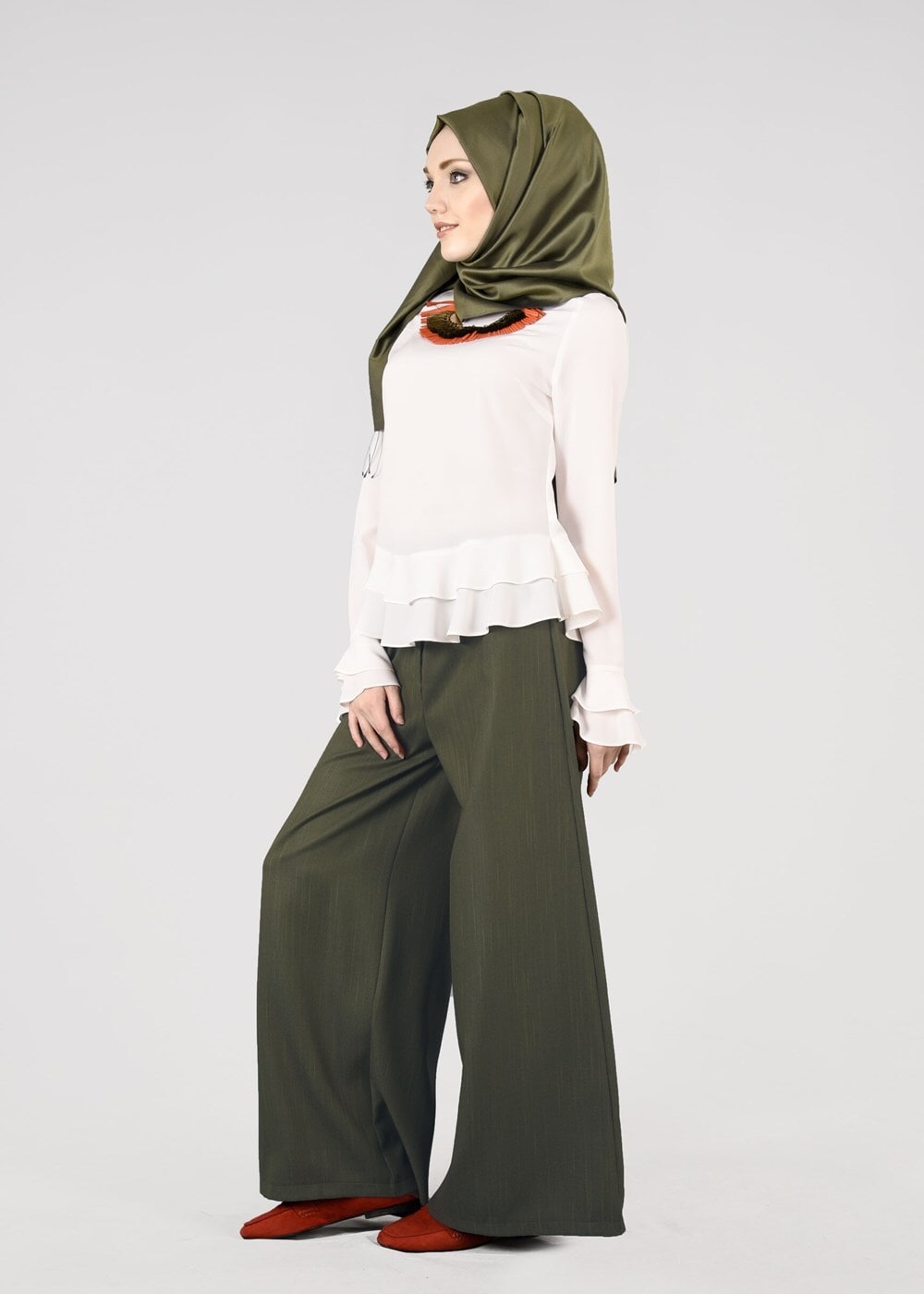 Tesettür giyim HAKİ T 4805 ModaBu- Petek Kumaş Pantolon