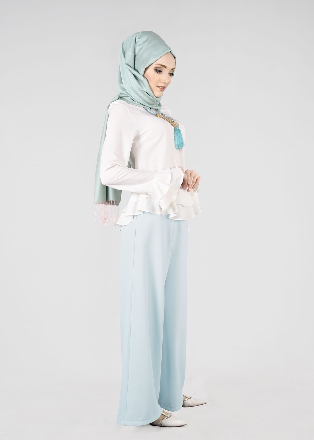 Tesettür giyim YEŞİL T 4805 ModaBu- Petek Kumaş Pantolon