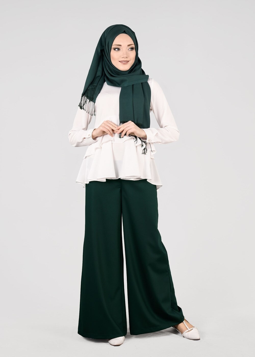 Tesettür giyim YEŞİL T 7615 Allday- Bol Paça Pantolon