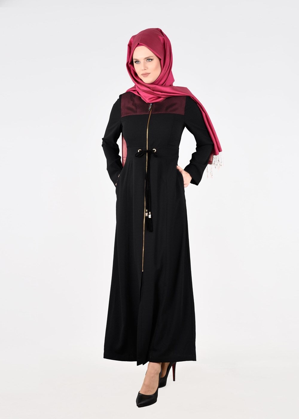 Tesettür giyim SİYAH T 1777 Uvertur Tesettür Pardesü-Alv Fashion