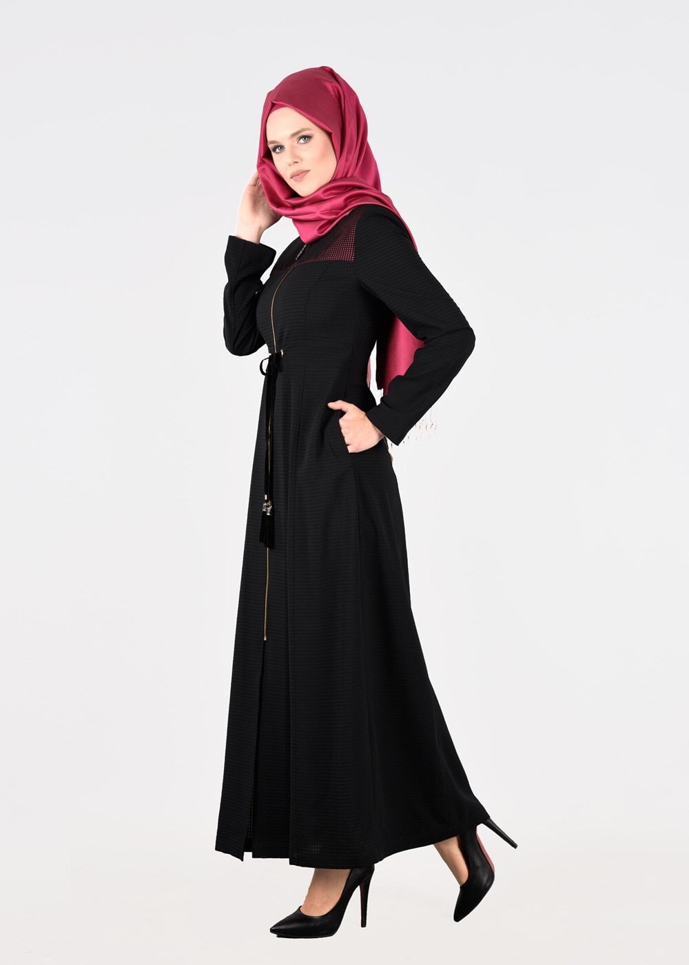 Tesettür giyim SİYAH T 1777 Uvertur Tesettür Pardesü-Alv Fashion