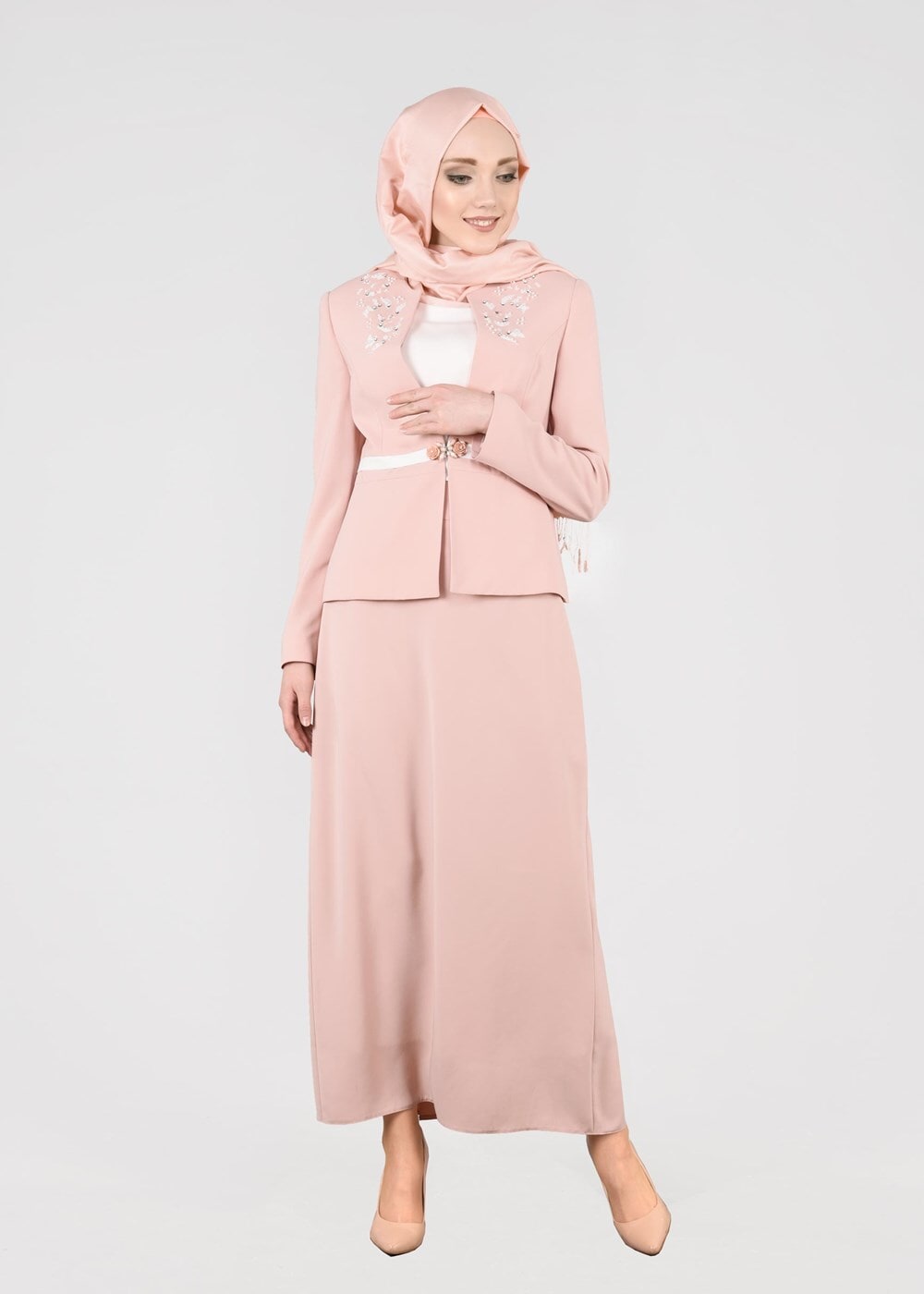 Tesettür giyim PUDRA T 3229E Farah 6288 3&prime;lü Tesettür Etekli Takım-Alv Fashion