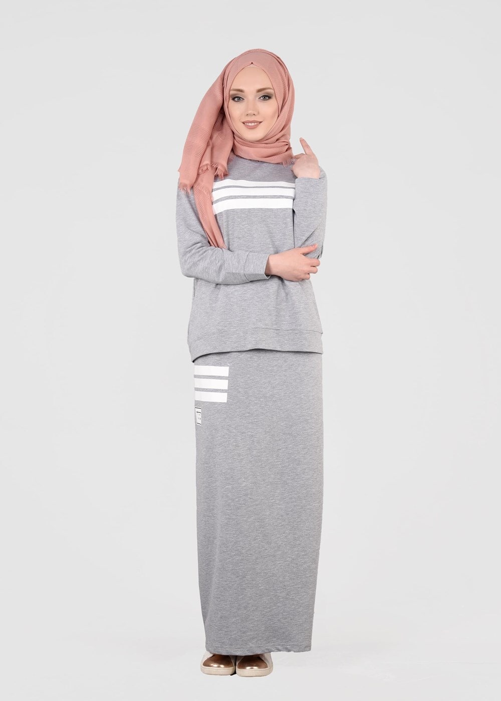 Tesettür giyim GRİ T 3341 Bwest- Etekli Spor Takım