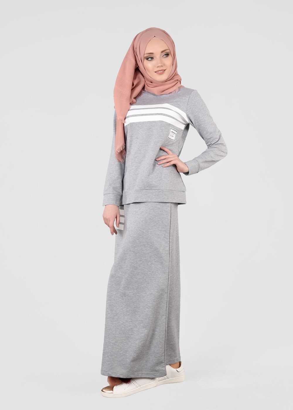 Tesettür giyim GRİ T 3341 Bwest- Etekli Spor Takım