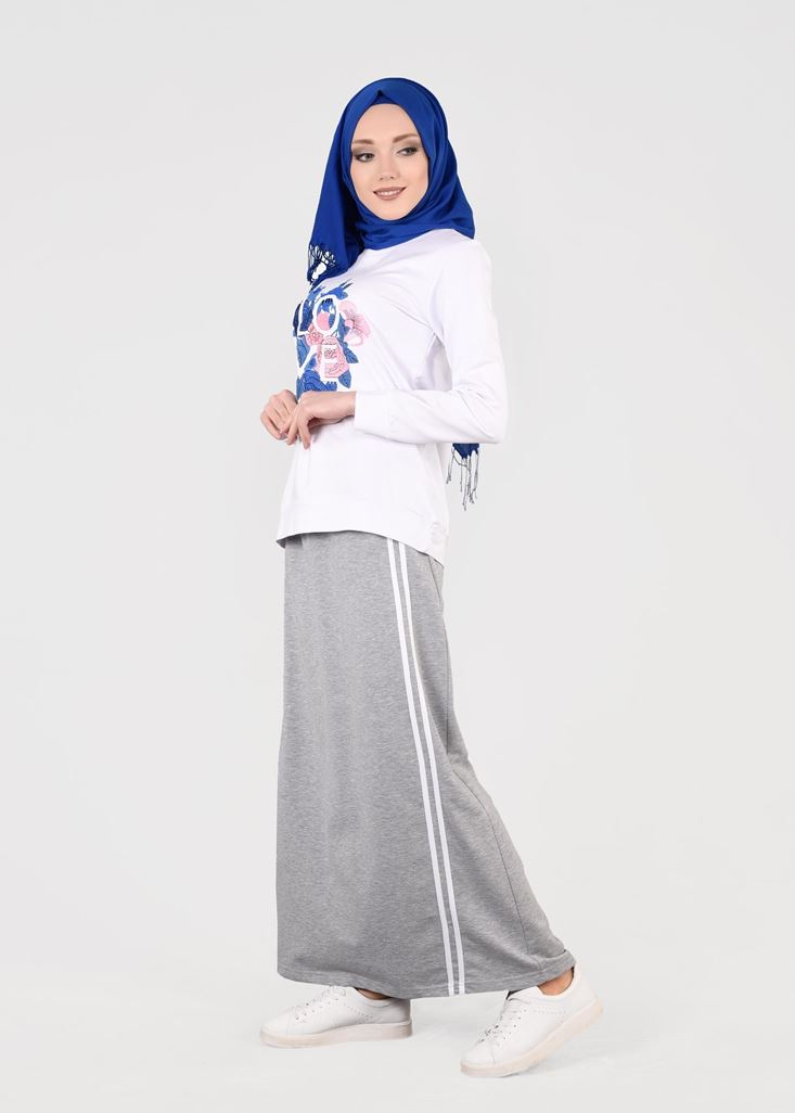 Tesettür giyim GRİ T 9241 Bwest- Nakış Detaylı 2&prime;li Etekli Takım