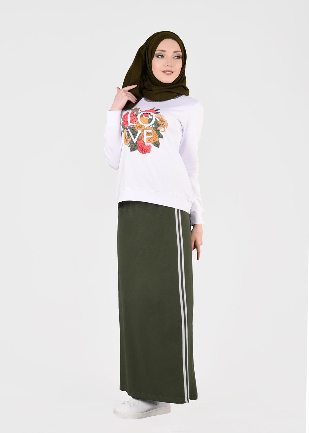 Tesettür giyim HAKİ T 9241 Bwest- Nakış Detaylı 2&prime;li Etekli Takım