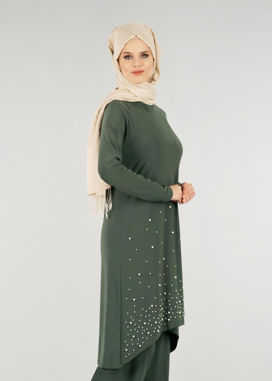 Tesettür giyim HAKİ T 21361 Elegance-Aksesuarlı Pantolonlu Takım