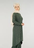 Tesettür giyim HAKİ T 21361 Elegance-Aksesuarlı Pantolonlu Takım