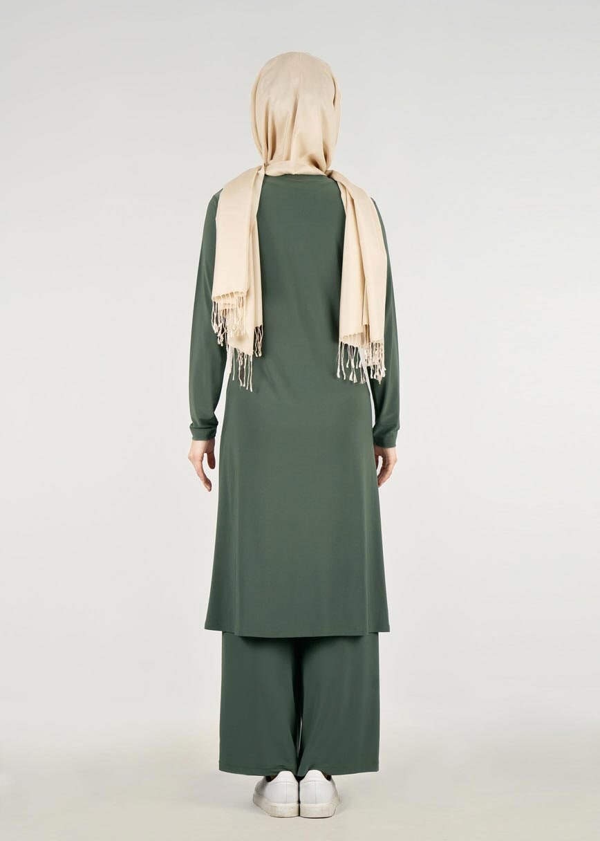 Tesettür giyim HAKİ T 21361 Elegance-Aksesuarlı Pantolonlu Takım