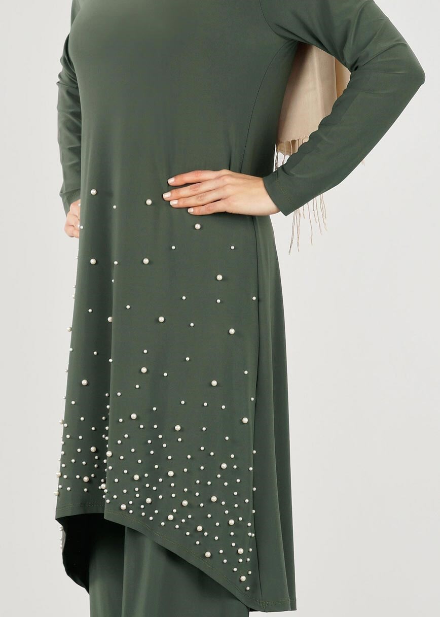 Tesettür giyim HAKİ T 21361 Elegance-Aksesuarlı Pantolonlu Takım