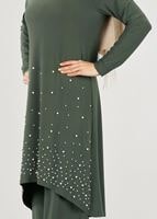 Tesettür giyim HAKİ T 21361 Elegance-Aksesuarlı Pantolonlu Takım