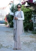 Tesettür giyim BEJ T 050151 Afitap Pantolonlu Tesettür Takım