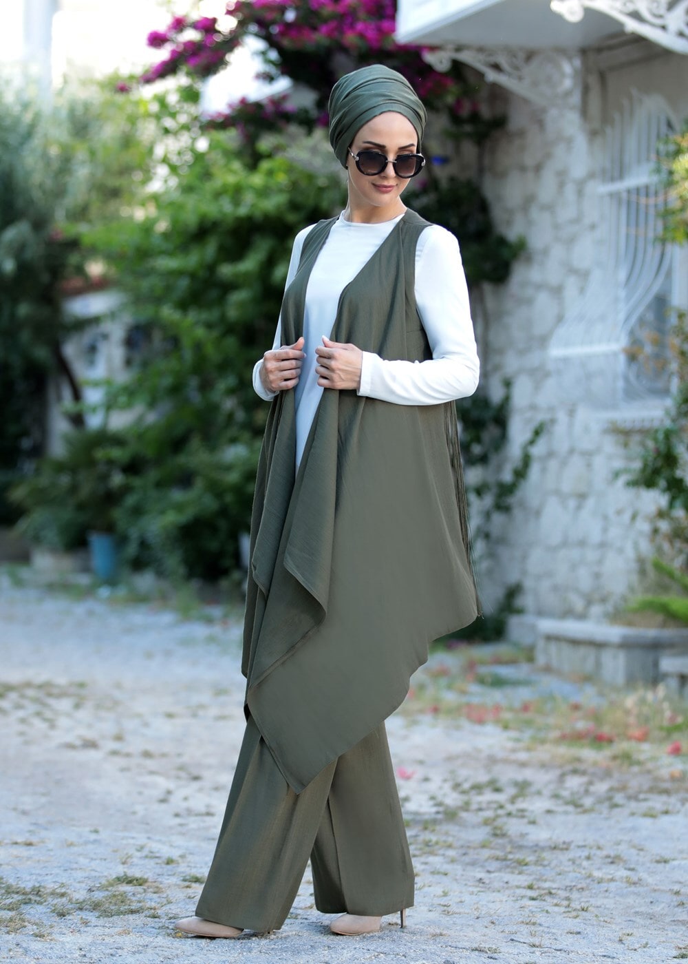 Tesettür giyim HAKİ T 940151 Afitap Pantolonlu Tesettür Takım