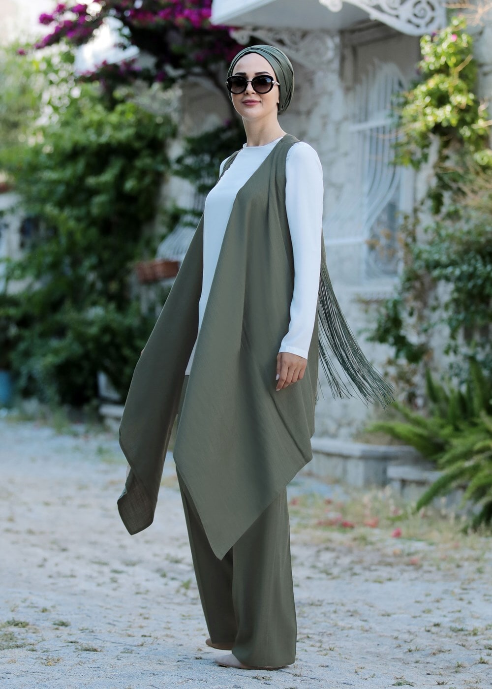 Tesettür giyim HAKİ T 940151 Afitap Pantolonlu Tesettür Takım