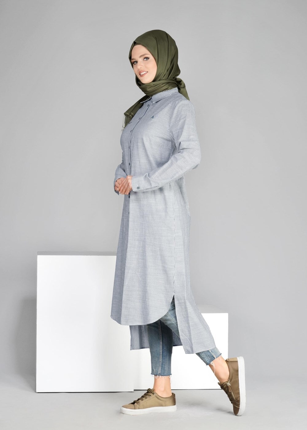 Tesettür giyim YEŞİL T 31905-1 Allday- Çizgili Tesettür Tunik