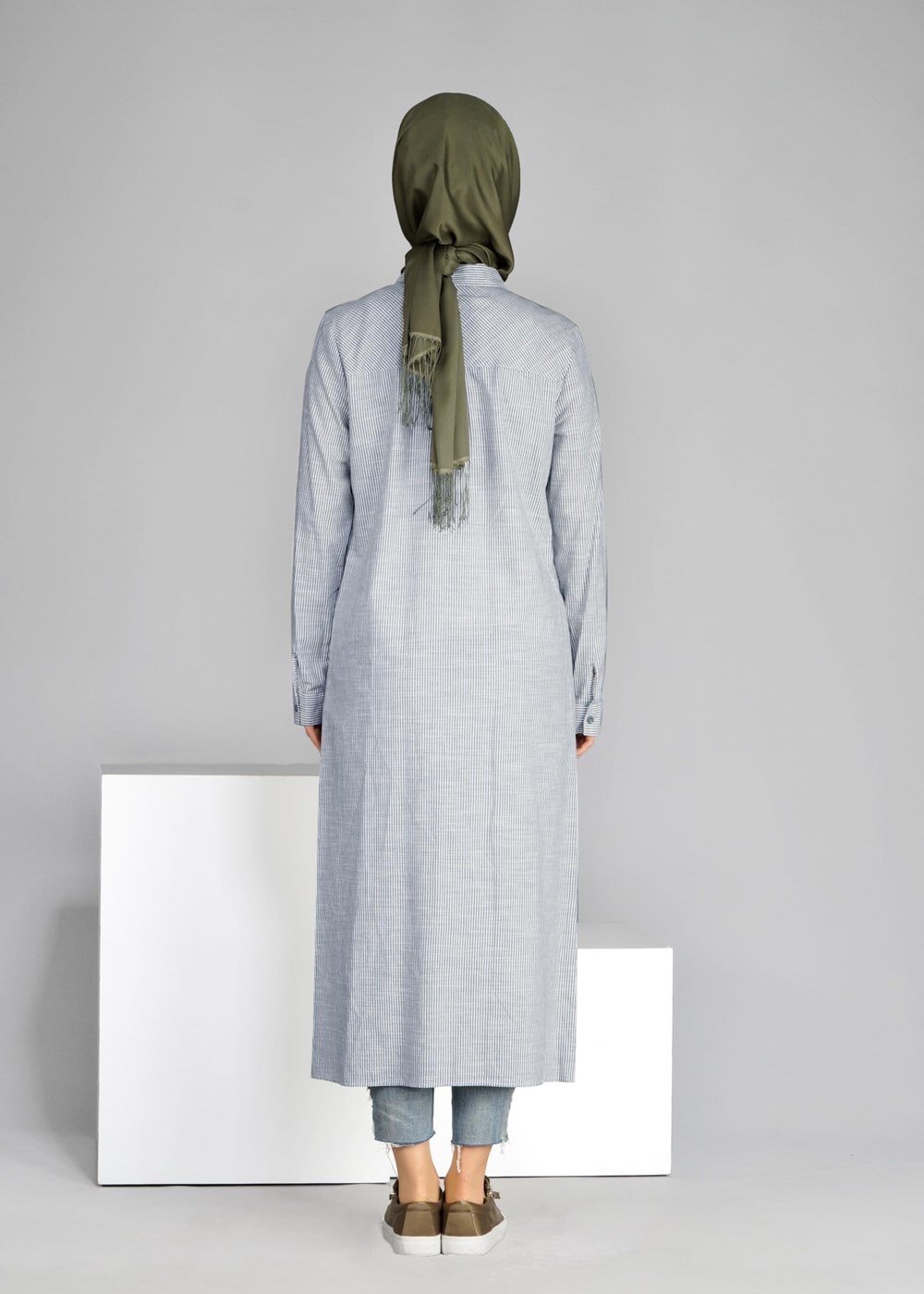 Tesettür giyim YEŞİL T 31905-1 Allday- Çizgili Tesettür Tunik