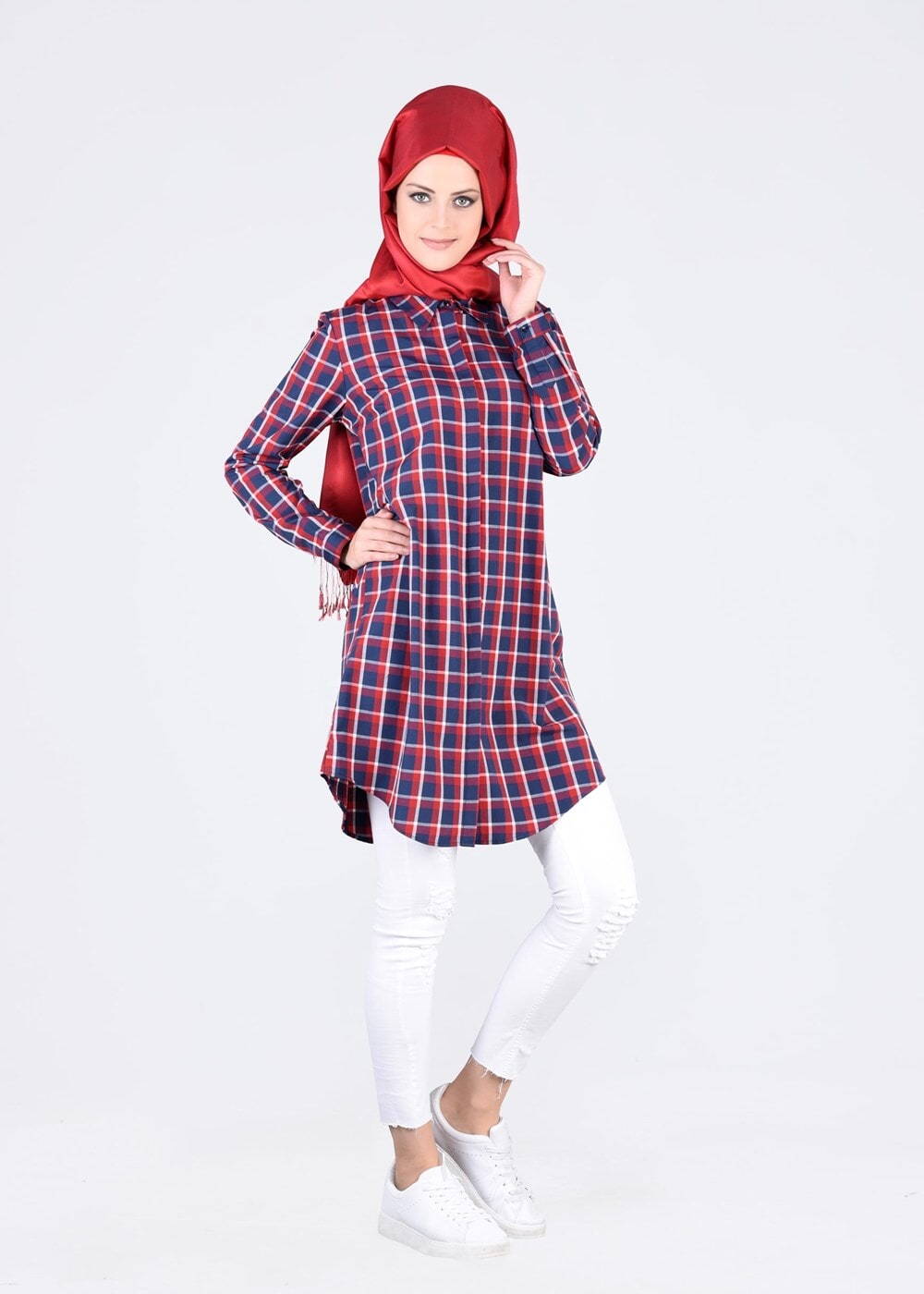 Tesettür giyim BORDO T 76215-1 Allday- Gizli Patlı Ekoseli Tunik