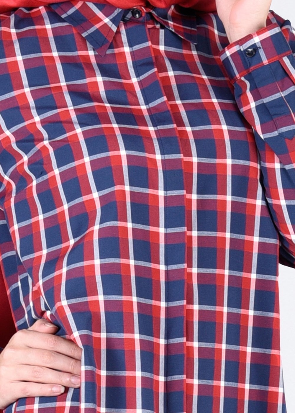 Tesettür giyim BORDO T 76215-1 Allday- Gizli Patlı Ekoseli Tunik