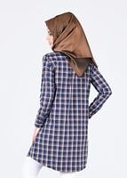 Tesettür giyim KAHVE T 76215-1 Allday- Gizli Patlı Ekoseli Tunik