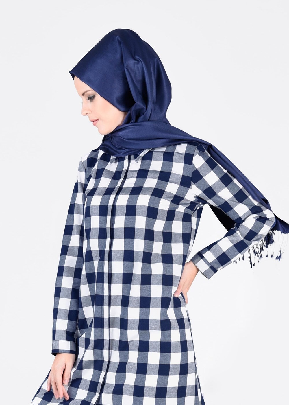 Tesettür giyim LACİVERT T 76215-2 Allday- Ekose Desenli Tunik