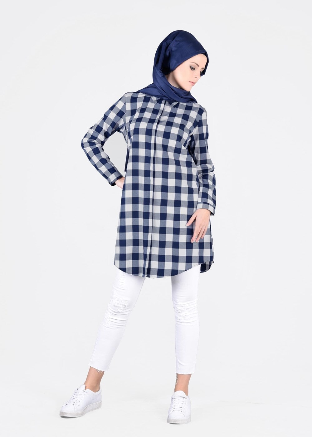 Tesettür giyim LACİVERT T 76215-2 Allday- Ekose Desenli Tunik