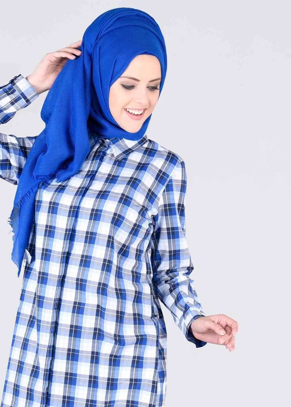 Tesettür giyim MAVİ T 76215-3 Allday- Ekose Desenli Tunik