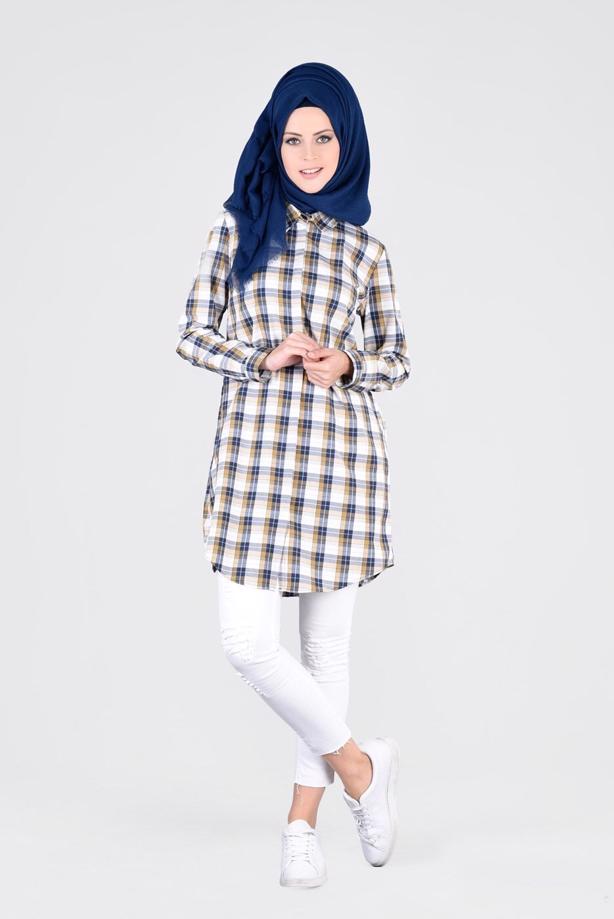 Vêtements hijab  T 76215-3 Allday- Ekose Desenli Tunik - TRENDTESETTÜR