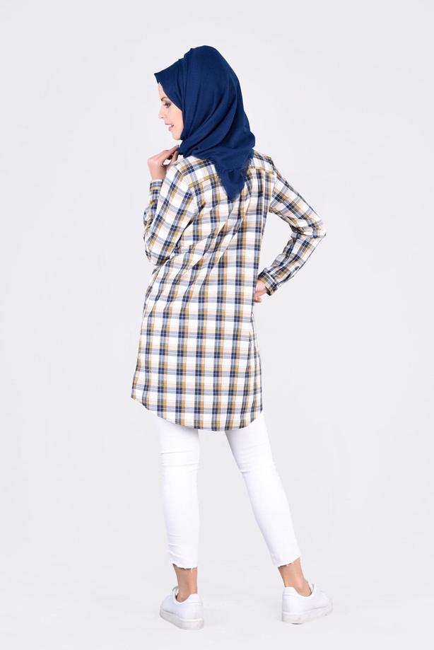 Vêtements hijab  T 76215-3 Allday- Ekose Desenli Tunik - TRENDTESETTÜR